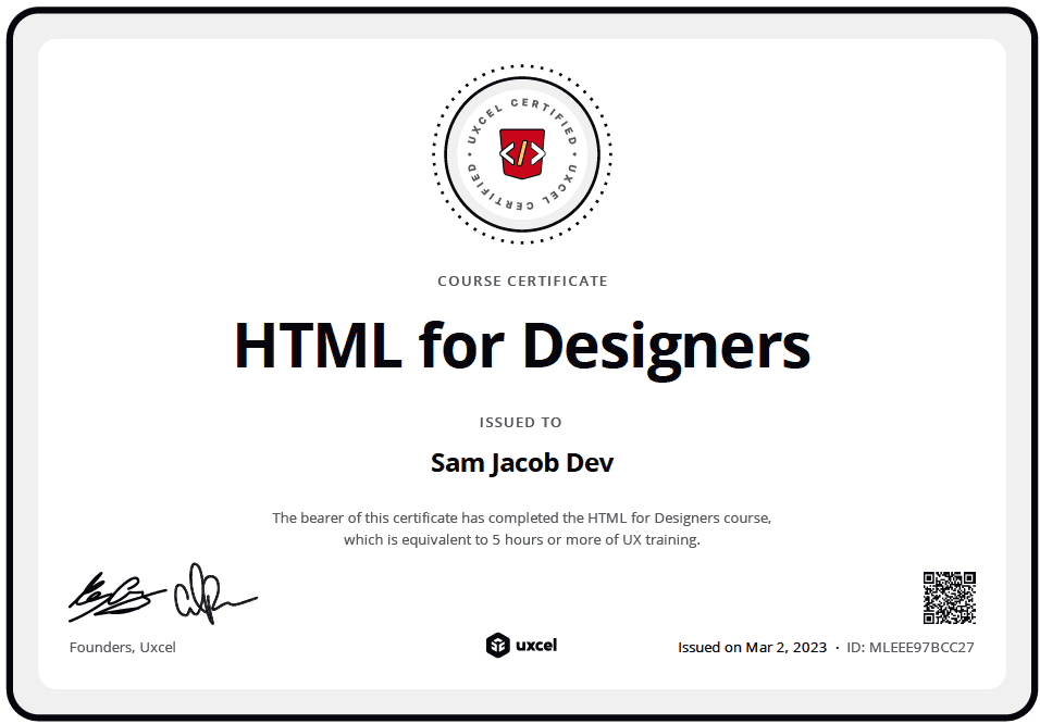 HTMl for designers uxcel certificate